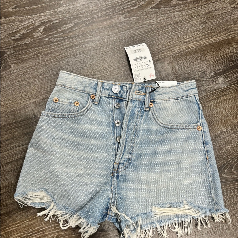 Zara Light Blue High-Waisted Women Shorts. HIGH RISE RHINESTONE DENIM SHORTS